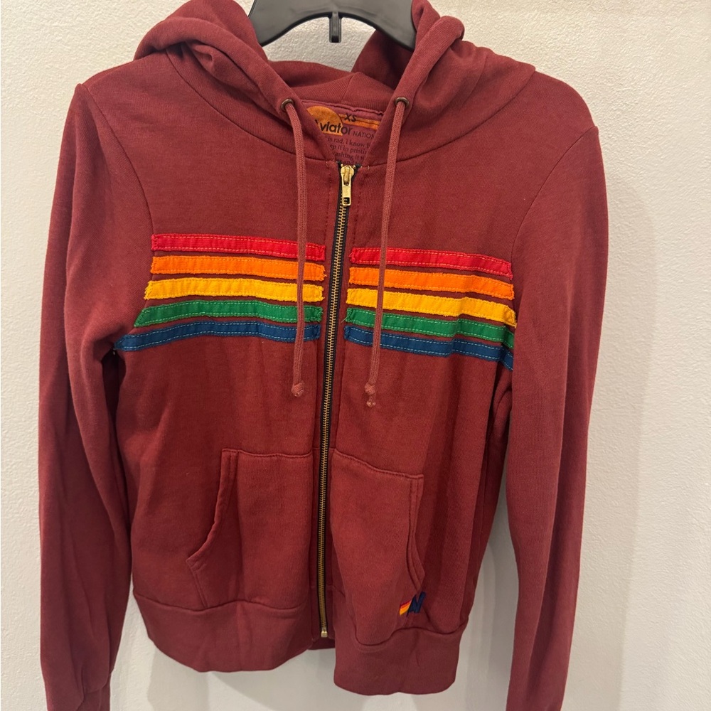 Aviator Nation Red Hoodie with Rainbow Stripes
